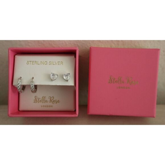 Stella Rose London Sterling Silver, 2 Set Earrings - Huggie & Heart Shaped Stud - Picture 1 of 7